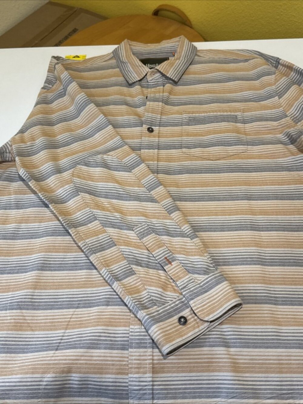 Howler Bros Shirt Mens XL Tan Gray Striped Button Up Long Sleeve Cotton